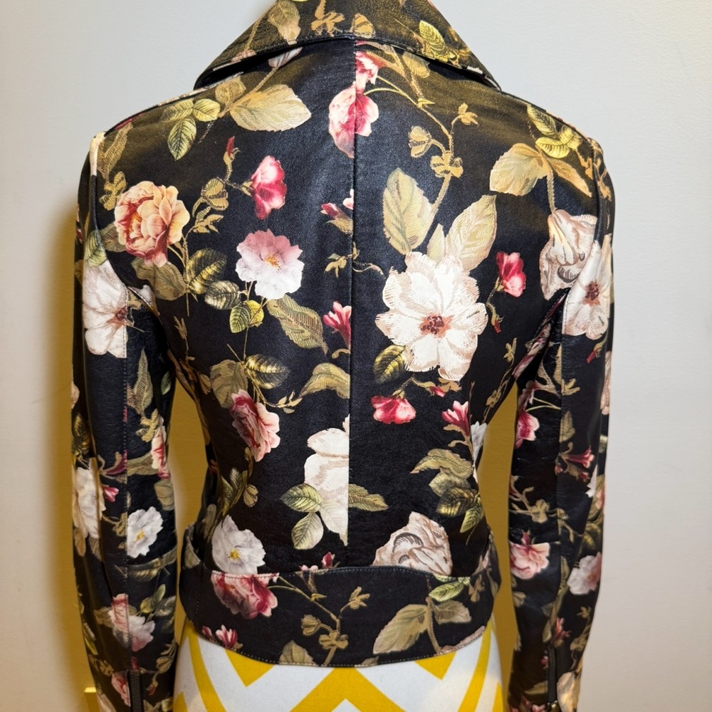 Alice + Olivia Olive Green, Pink and Beige Floral Leather Jacket - Picture 2 of 5